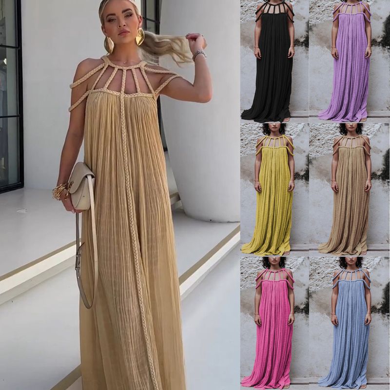 Women's Party Dress Sexy Round Neck Sleeveless Solid Color Maxi Long Dress Holiday Banquet Bar
