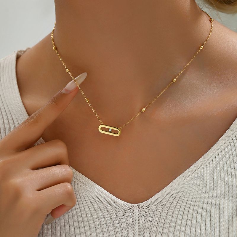 304 Stainless Steel 18K Gold Plated Simple Style Classic Style Plating Inlay Solid Color Rhinestones Pendant Necklace