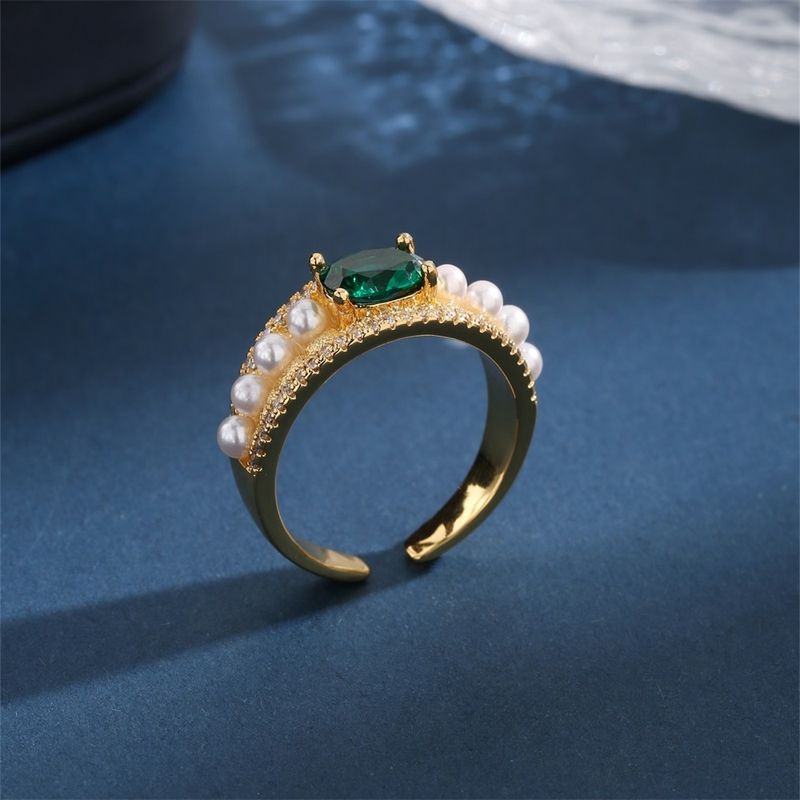 Kupfer 18 Karat Vergoldet Vintage-Stil Klassischer Stil Inlay Geometrisch Künstliche Perlen Zirkon Offener Ring