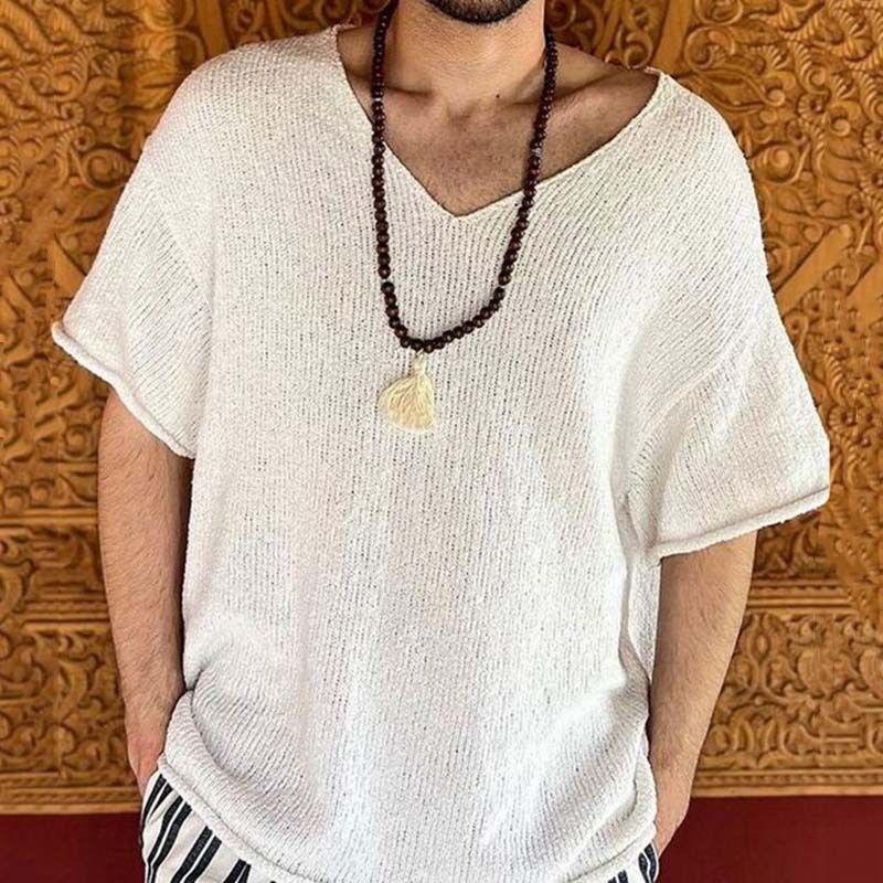 Men's Solid Color Streetwear V Neck Short Sleeve Loose Men's T-shirt