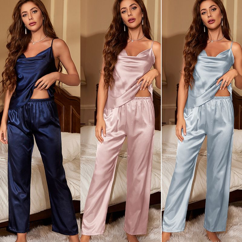 Home Women's Elegant Solid Color Imitated Silk Polyester Pants Sets Pajama Sets