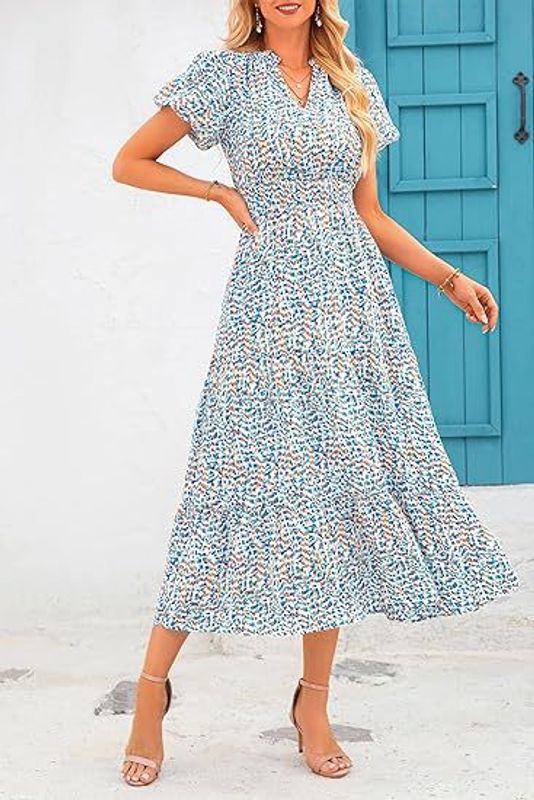 Women's Floral Dress Basic V Neck Pocket Short Sleeve Ditsy Floral Midi Dress Office Daily Date