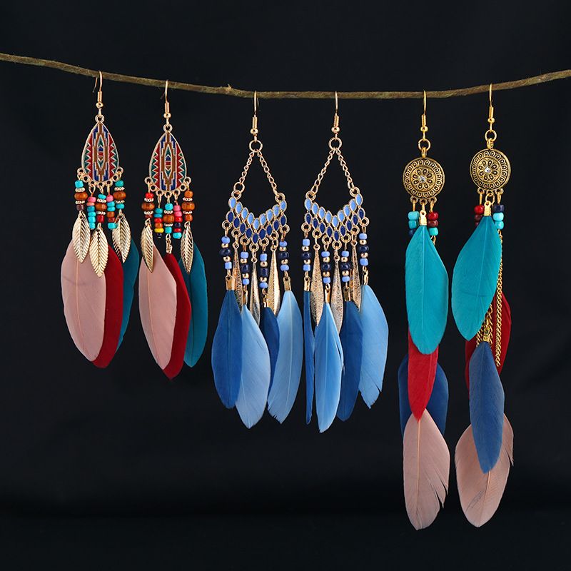 1 Pair Chinoiserie Ethnic Style Classic Style Water Droplets Tassel Alloy Feather Drop Earrings