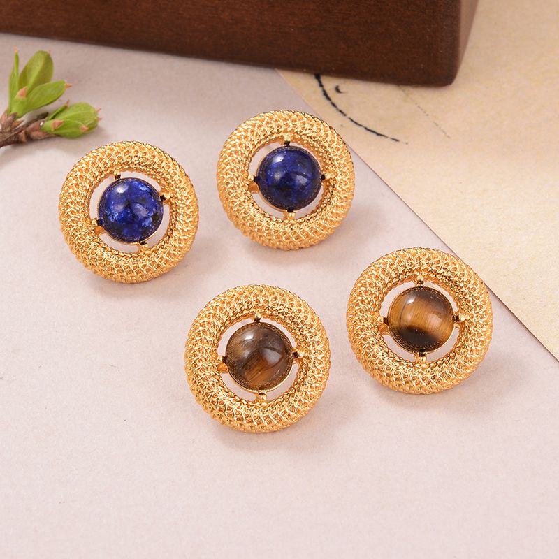 1 Pair Vintage Style Fashion French Style Round Plating Hollow Out Inlay Alloy Tiger Eye Lapis Lazuli Ear Studs