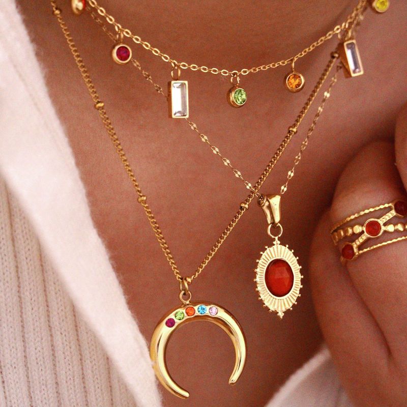 Retro Simple Style Color Block Natural Stone Titanium Steel Inlay Zircon Women's Rings Necklace