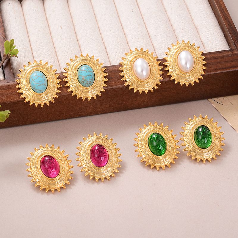 1 Pair IG Style Simple Style Oval Inlay Alloy Artificial Pearls Natural Stone Crystal 18K Gold Plated Ear Studs