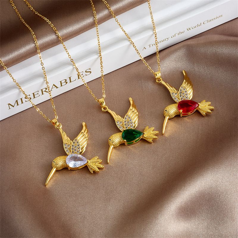 Copper Gold Plated Simple Style Plating Bird Zircon Pendant Necklace