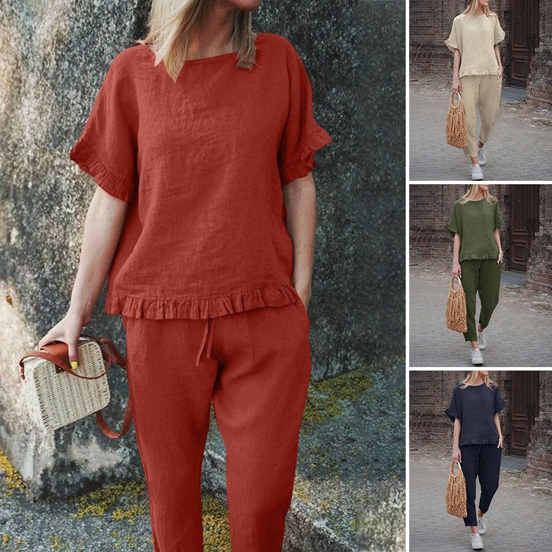 Daily Women's Casual Solid Color Linen Pants Sets Pants Sets