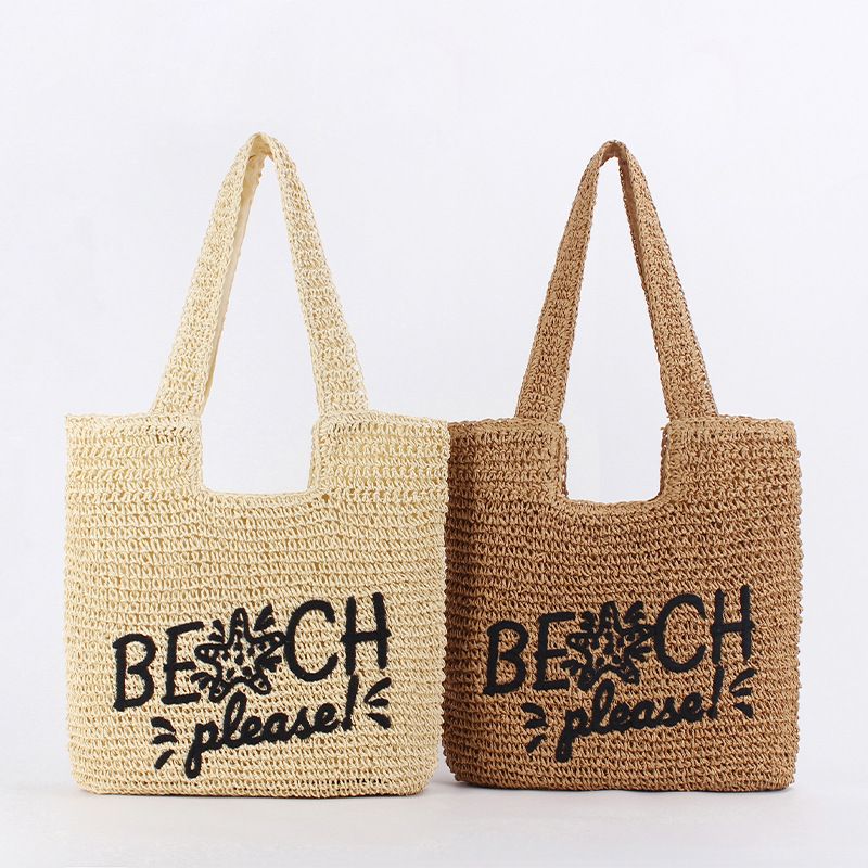 Women's Large Straw Letter Vacation Beach Zipper Straw Bag