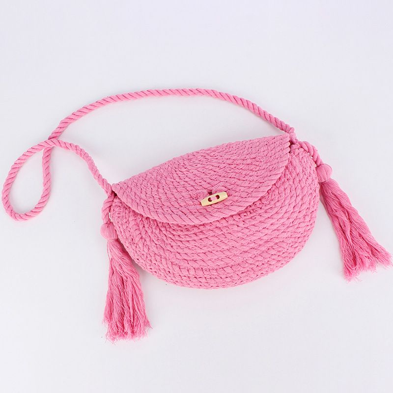 Women's Small Cotton Solid Color Basic Classic Style Tassel Weave Dumpling Shape Lock Clasp Crossbody Bag