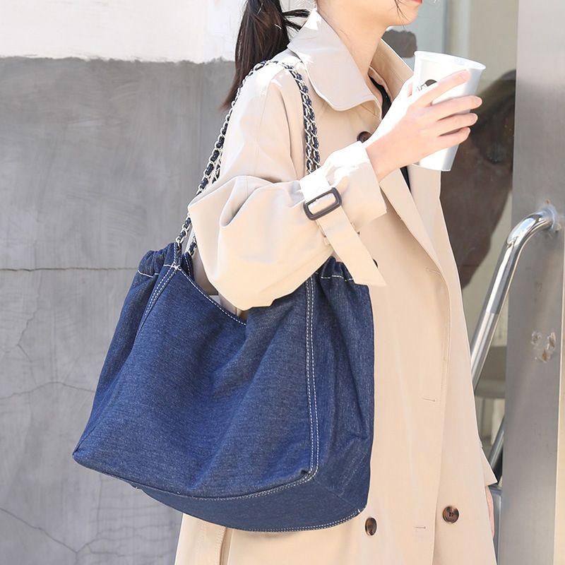 Femmes Grande Jean Couleur Unie Vêtement De Rue Boucle Magnétique Sac De Toile