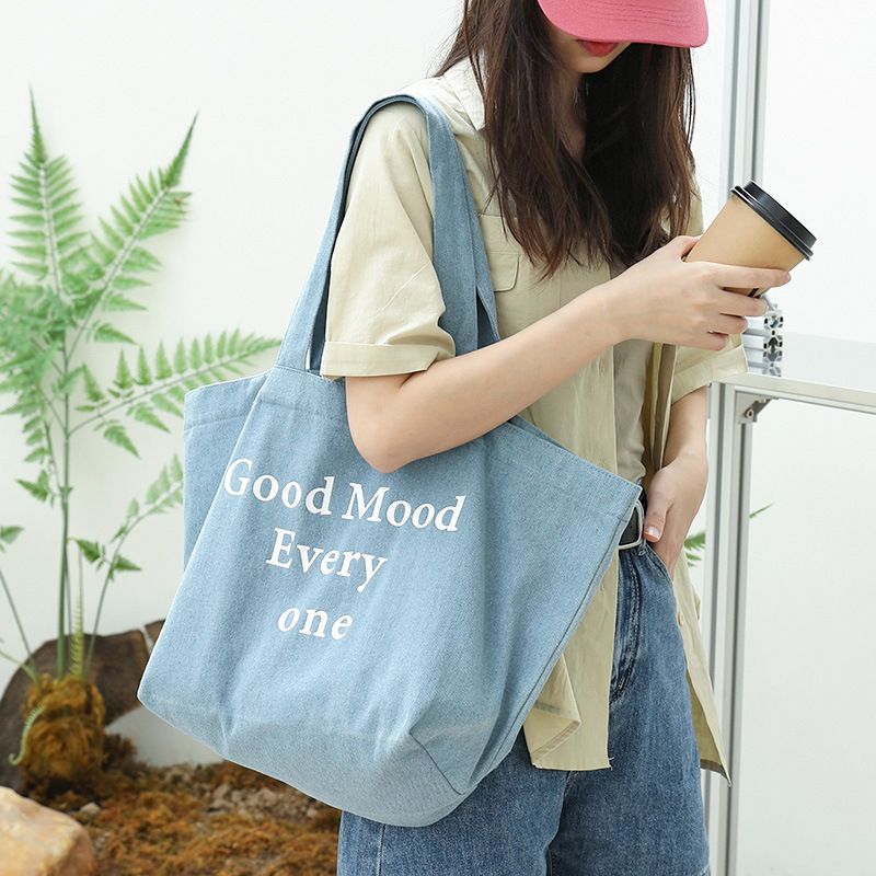 Women's Large Denim Letter Streetwear Open Shoulder Bag