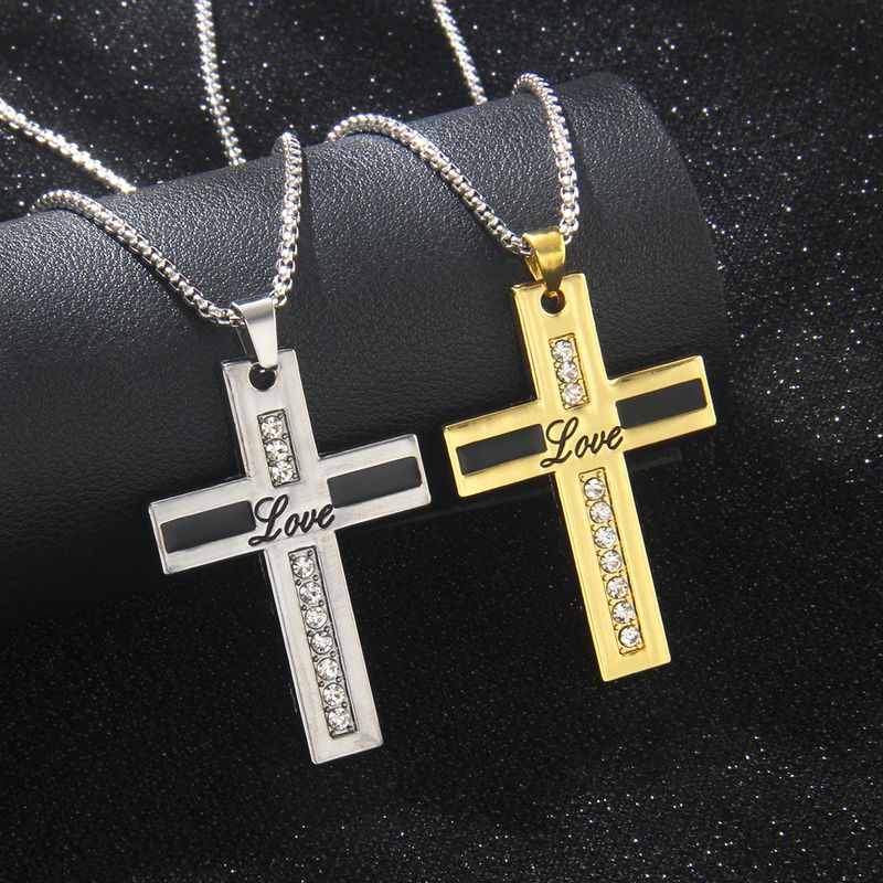 Wholesale Jewelry Retro Commute Cross 201 Stainless Steel Zinc Alloy Rhinestones Gold Plated Inlay Pendant Necklace