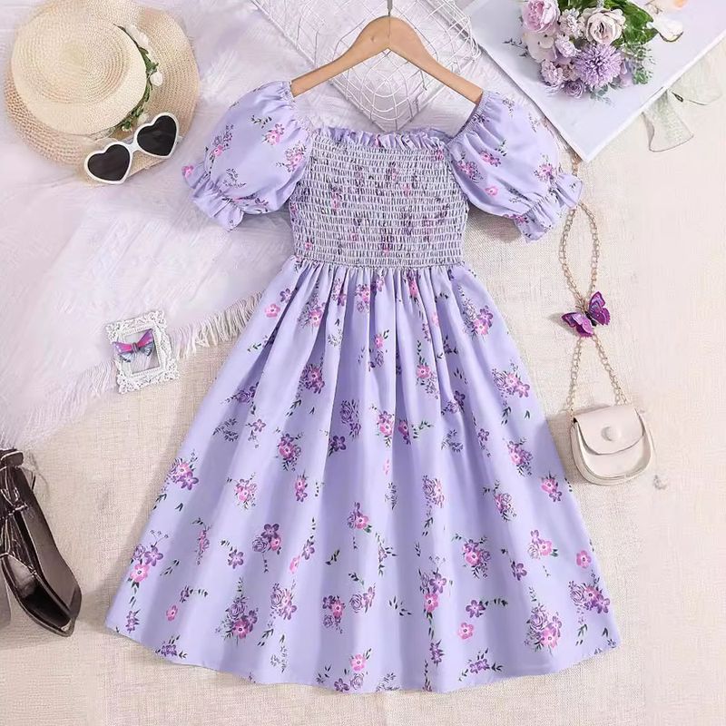 Elegante Princesa Pastoral Floral Ditsy Impresión 3D Mezcla De Algodón Vestidos Para Niñas