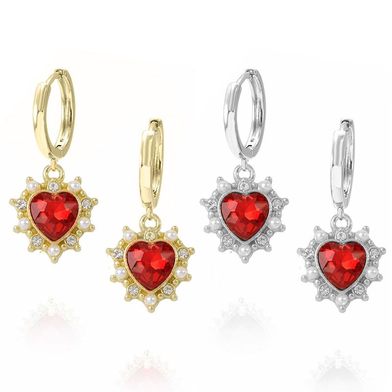 1 Pair French Style Sweet Heart Shape Inlay Alloy Artificial Pearls Rhinestones Gold Plated Drop Earrings