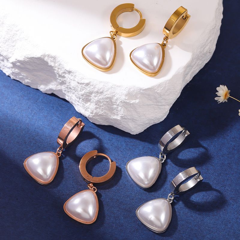 1 Pair Simple Style Solid Color Inlay Titanium Steel Pearl Drop Earrings