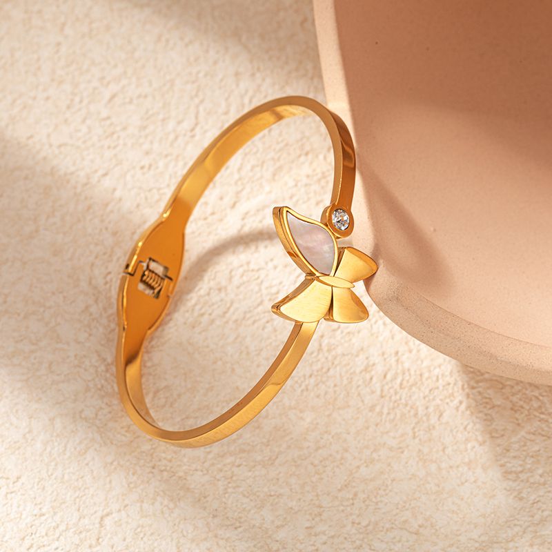 304 Stainless Steel Gold Plated Elegant Classical Romantic Plating Inlay Butterfly Shell Zircon Bangle