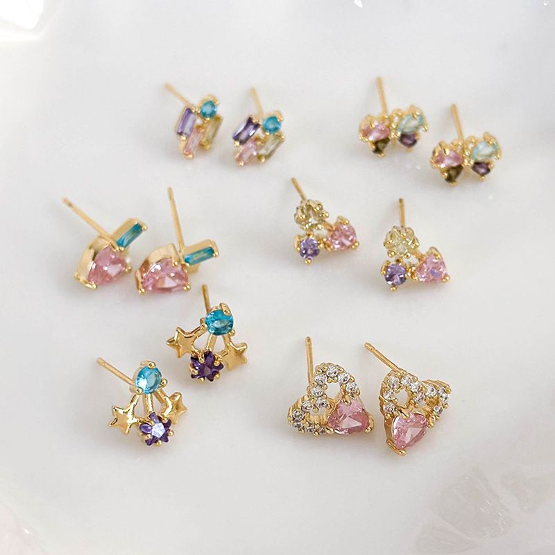 1 Pair Elegant Romantic Shiny Heart Shape Bow Knot Hollow Out Inlay Copper Zircon Ear Studs