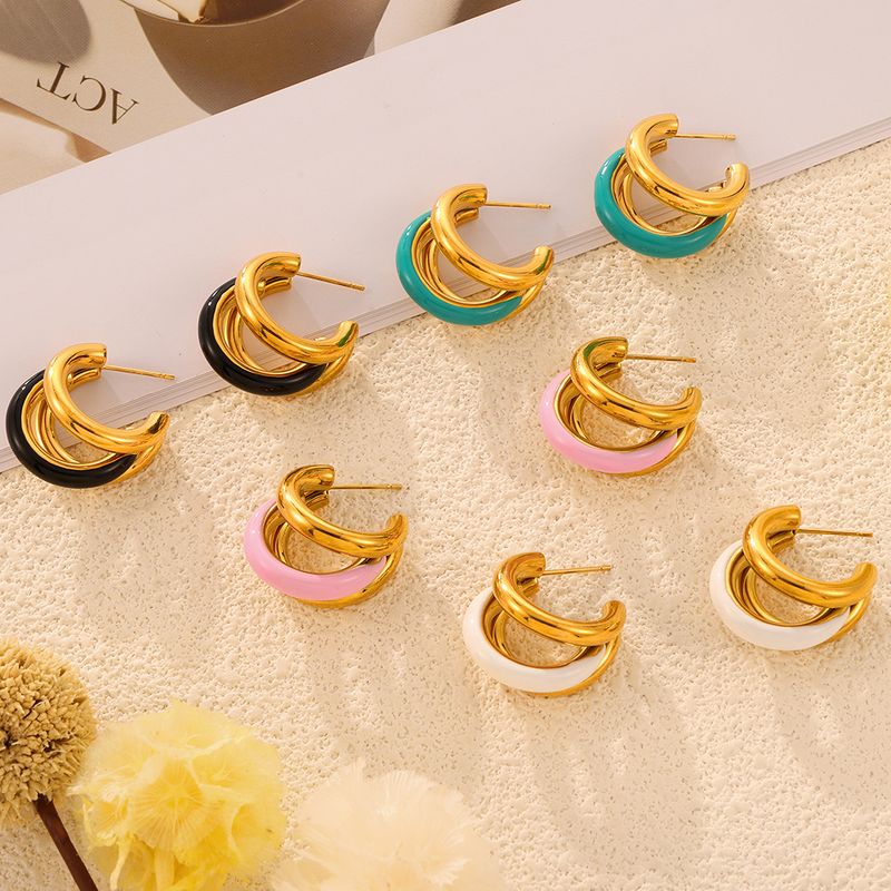 1 Pair Casual Sweet Simple Style C Shape Layered Enamel Titanium Steel 18K Gold Plated Ear Studs