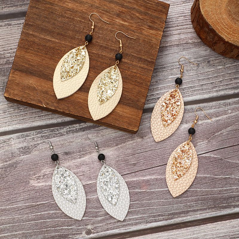 1 Pair Casual Simple Style Commute Leaves Sequins Pu Leather Drop Earrings