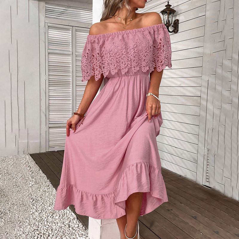 Frau Swing-Kleid Einfacher Stil Bootshals Aushöhlen Halbarm Einfarbig Maxi Langes Kleid Ferien Täglich