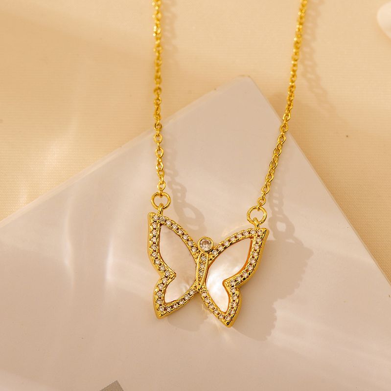 Wholesale Jewelry Elegant Solid Color Butterfly Alloy Copper Zircon 18K Gold Plated Plating Inlay Pendant Necklace