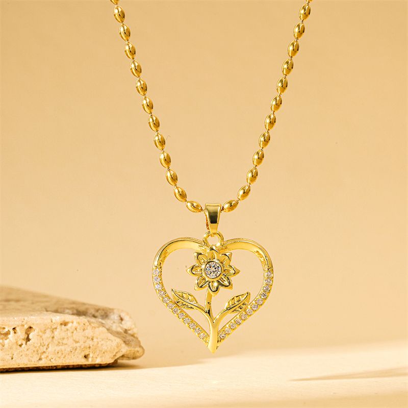 201 Stainless Steel Brass 18K Gold Plated Simple Style Classic Style Hollow Out Inlay Heart Shape Flower Zircon Pendant Necklace