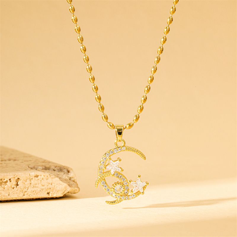 201 Stainless Steel Brass 18K Gold Plated Simple Style Classic Style Inlay Star Moon Zircon Pendant Necklace