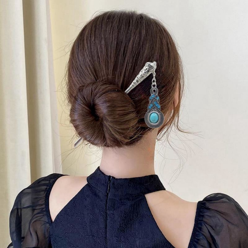 Women's Ethnic Style Water Droplets Metal Inlay Turquoise Rhinestones Hairpin