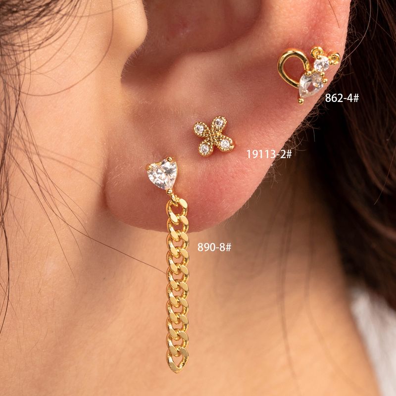 1 Piece Casual French Style Korean Style Heart Shape Flower Chain Inlay Copper Zircon Cartilage Earrings