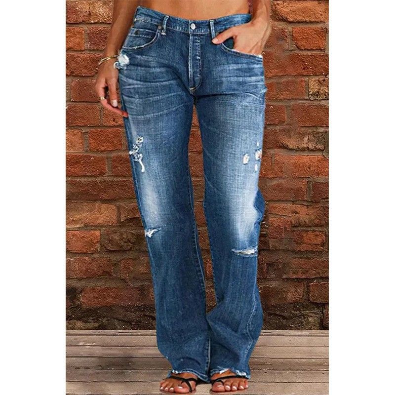 Frau Ferien Täglich Einfacher Stil Einfarbig In Voller Länge Gewaschen Jeans
