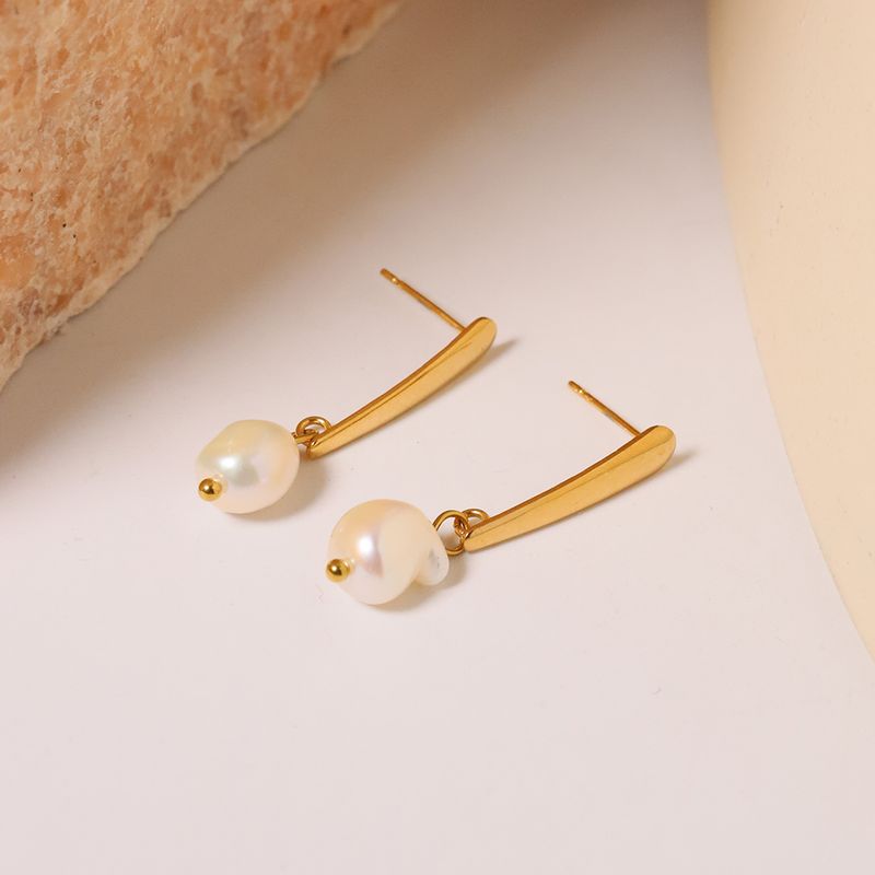 1 Pair Simple Style Classic Style Solid Color Plating Inlay Titanium Steel Pearl 18K Gold Plated Drop Earrings