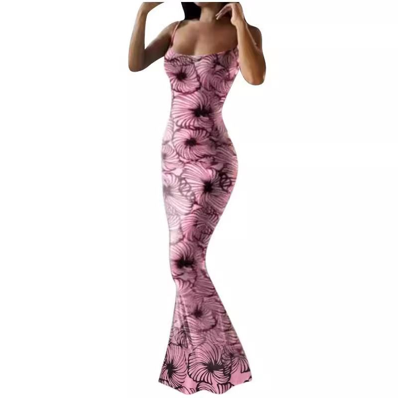 Women's Trumpet Dress Sexy Strap Printing Sleeveless Flower Maxi Long Dress Daily