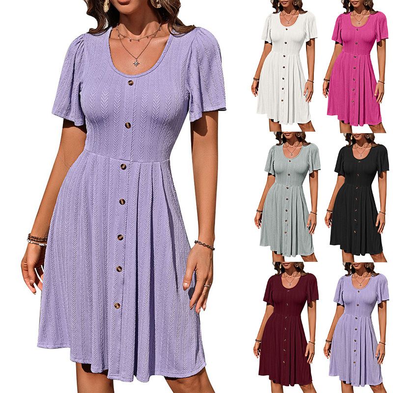 Femmes Robe Régulière Style Simple Col En U Bouton Manche Courte Couleur Unie Robe Mi-Longue Vacances Du Quotidien