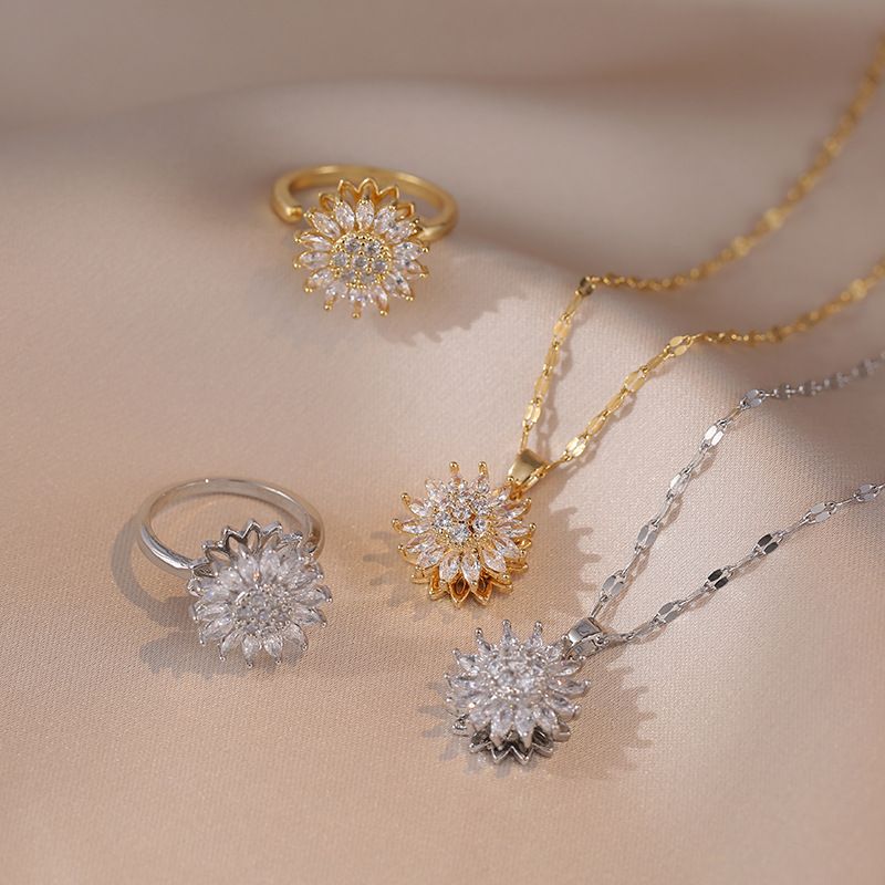 Titanium Steel Elegant Lady Inlay Flower Zircon Jewelry Set
