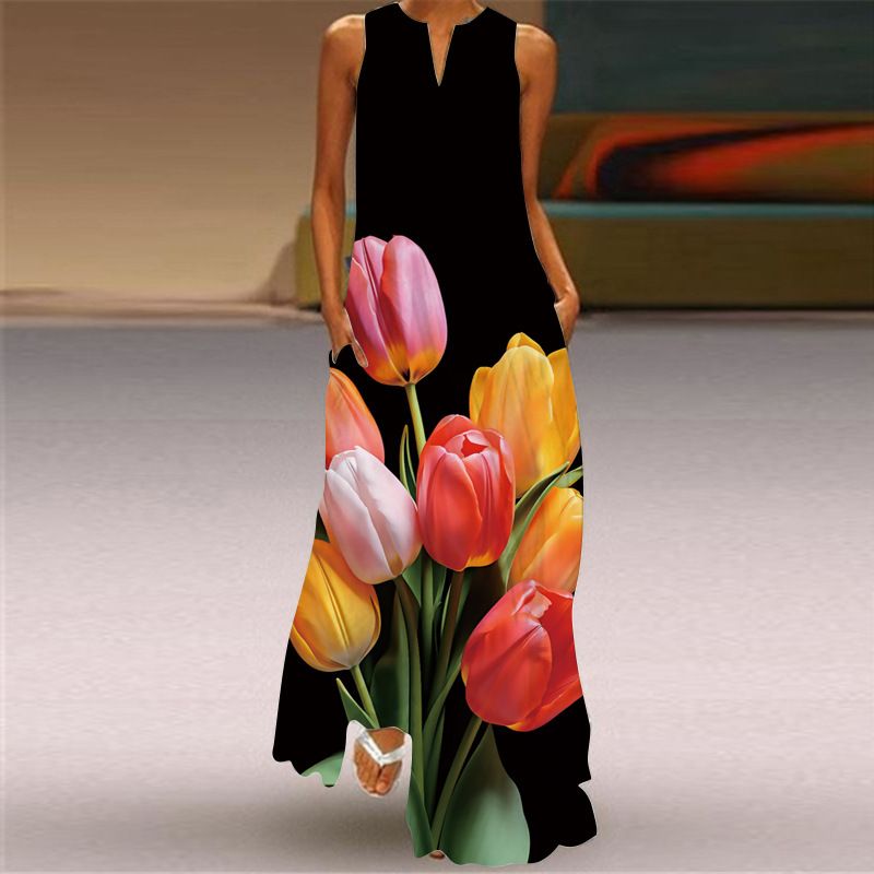 Frau Normales Kleid Elegant V-Ausschnitt Ärmellos Blume Schmetterling Maxi Langes Kleid Bankett Gruppe Datum
