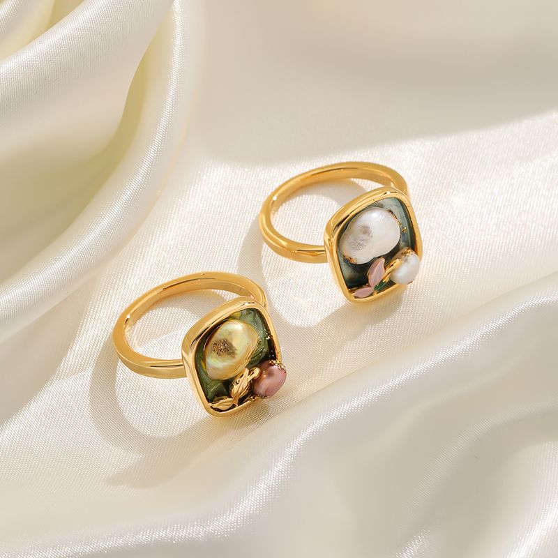 Copper 18K Gold Plated Baroque Style Modern Style Pastoral Enamel Inlay Flower Freshwater Pearl Open Rings