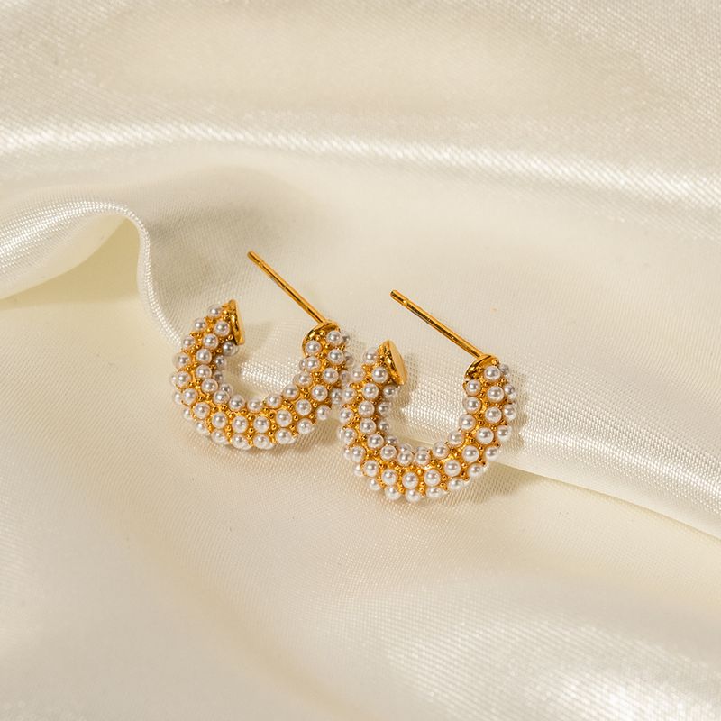 1 Pair IG Style Elegant Lady C Shape Inlay 316 Stainless Steel  Artificial Pearls 18K Gold Plated Earrings