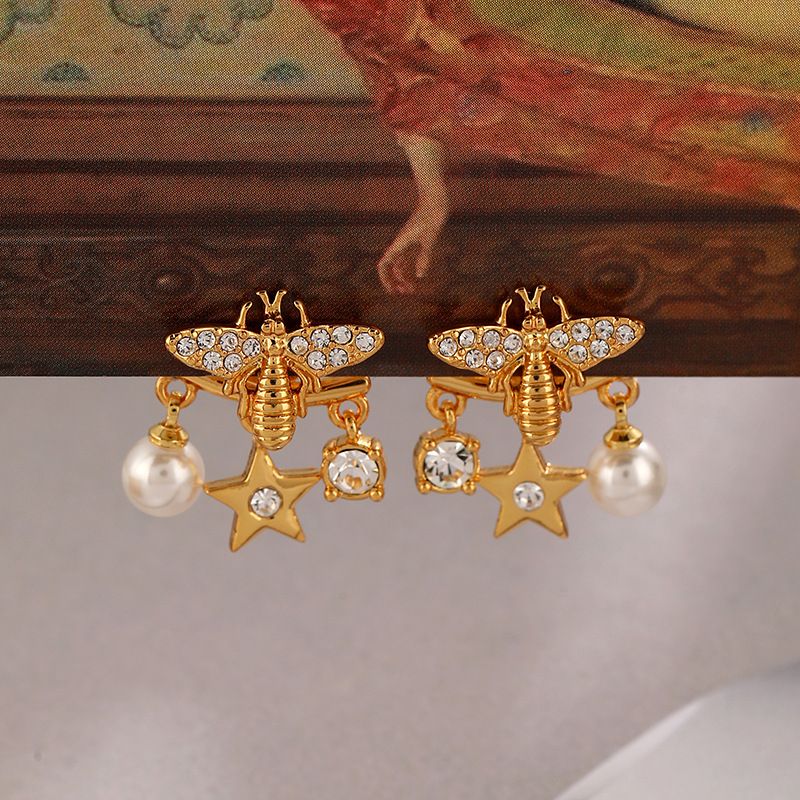 1 Pair IG Style Retro Star Bee Inlay Copper Pearl Zircon Drop Earrings