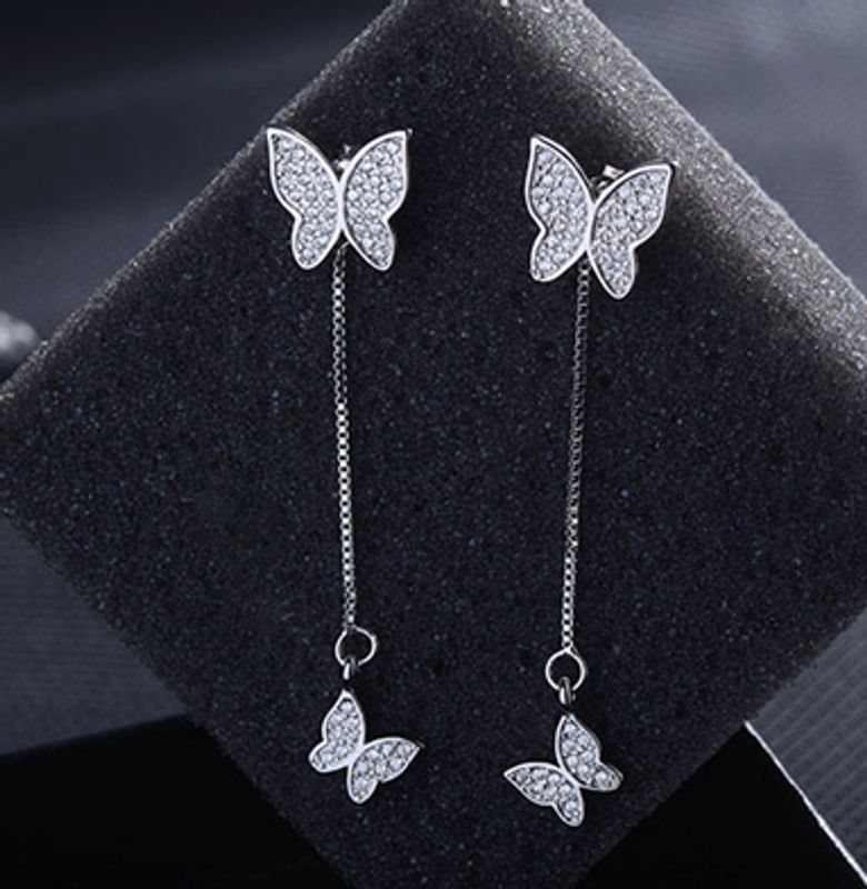 1 Pair Simple Style Shiny Butterfly Chain Inlay Copper Zircon Drop Earrings