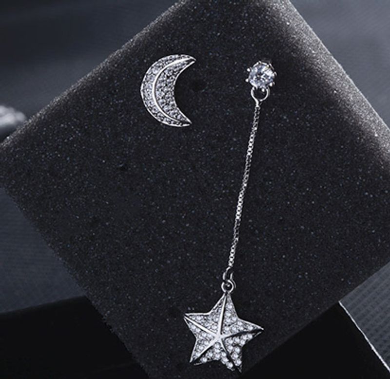 1 Pair IG Style Shiny Star Moon Asymmetrical Inlay Copper Zircon Drop Earrings Ear Studs
