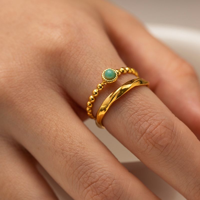 IG Style Lady Modern Style Geometric 304 Stainless Steel 18K Gold Plated Amazonite Open Rings In Bulk