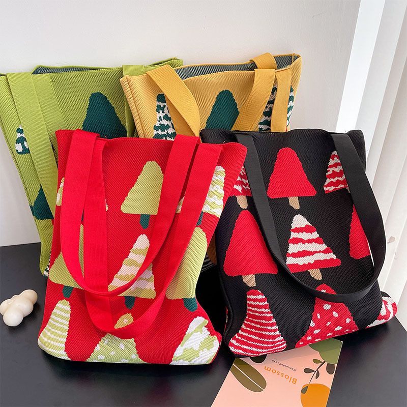 Women's Medium Knit Christmas Tree Vintage Style Bucket Open Handbag