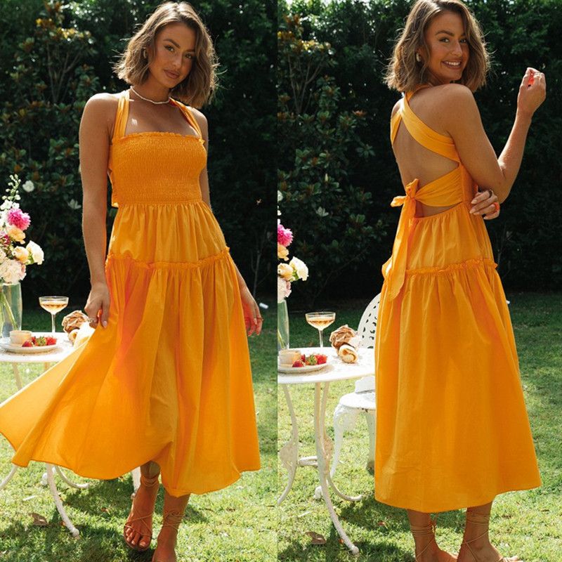 Women's Swing Dress Sexy Halter Neck Sleeveless Solid Color Maxi Long Dress Holiday Daily