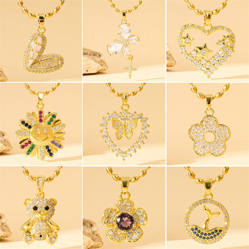 201 Stainless Steel Brass 18K Gold Plated Sweet Simple Style Classic Style Plating Inlay Heart Shape Flower Butterfly Zircon Pendant Necklace