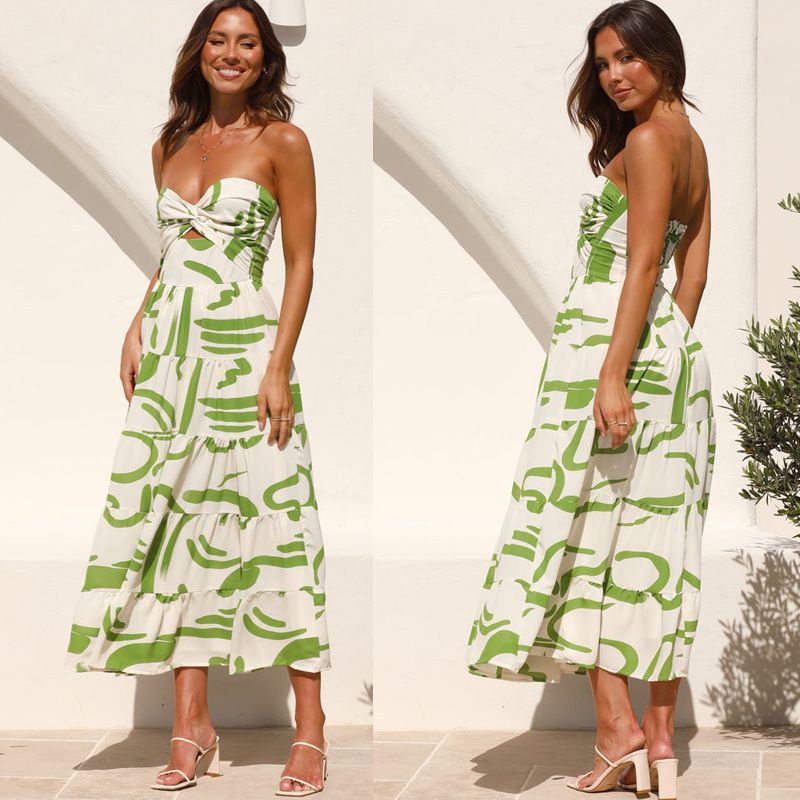 Women's Swing Dress Sexy Strapless Printing Sleeveless Printing Maxi Long Dress Holiday Beach