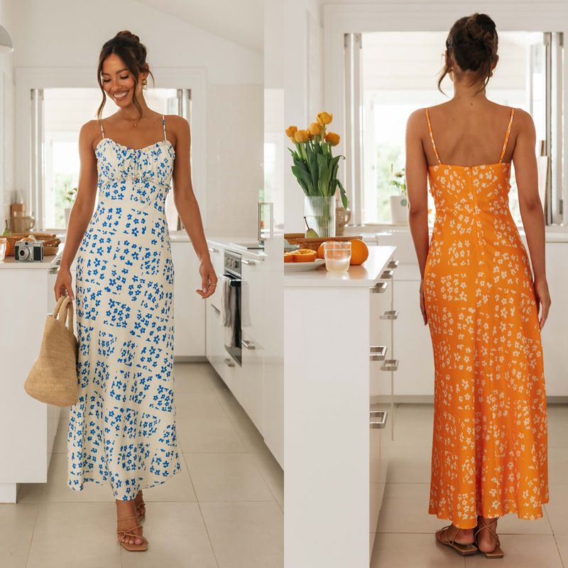 Femmes Robe À Bretelles Sexy Sangle Impression Dos Nu Sans Manches Petites Fleurs Maxi Longue Robe Vacances Du Quotidien