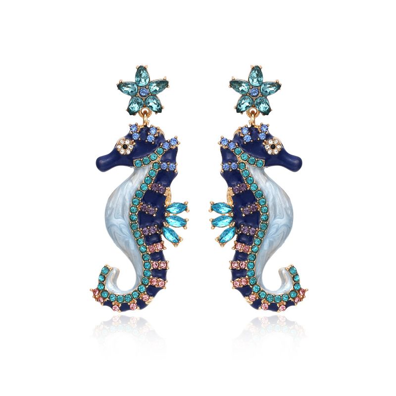 1 Pair Cartoon Style Cute Hippocampus Enamel Zinc Alloy Rhinestones Drop Earrings
