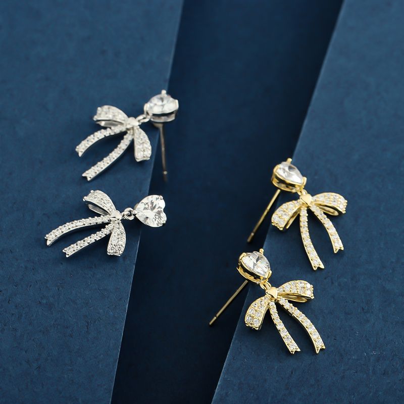 1 Pair Fairy Style Elegant Lady Bow Knot Plating Inlay Sterling Silver Zircon 14K Gold Plated Ear Studs