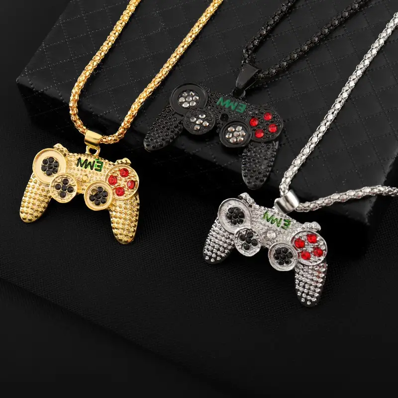 Wholesale Jewelry Hip-Hop Punk Gamepad 304 Stainless Steel Alloy Zinc Alloy Rhinestones Gold Plated Inlay Pendant Necklace